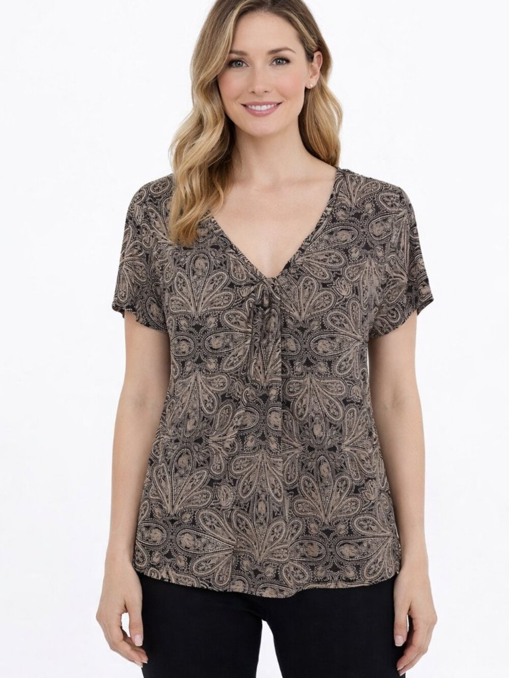 Black Beige Paisley V‑Neck Short Sleeve Blouse | Boho Chic Top | Size Large